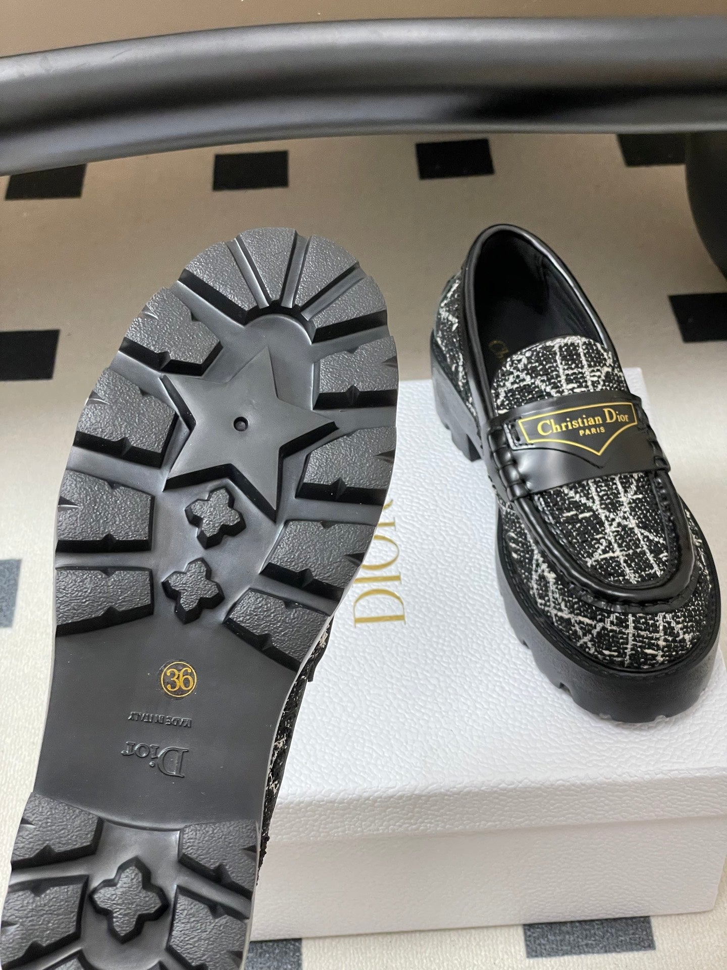 DIOR 25S BOY PLATFORM LOAFERS IN BLACK MIX WHITE TWEED AND LAMBSKIN