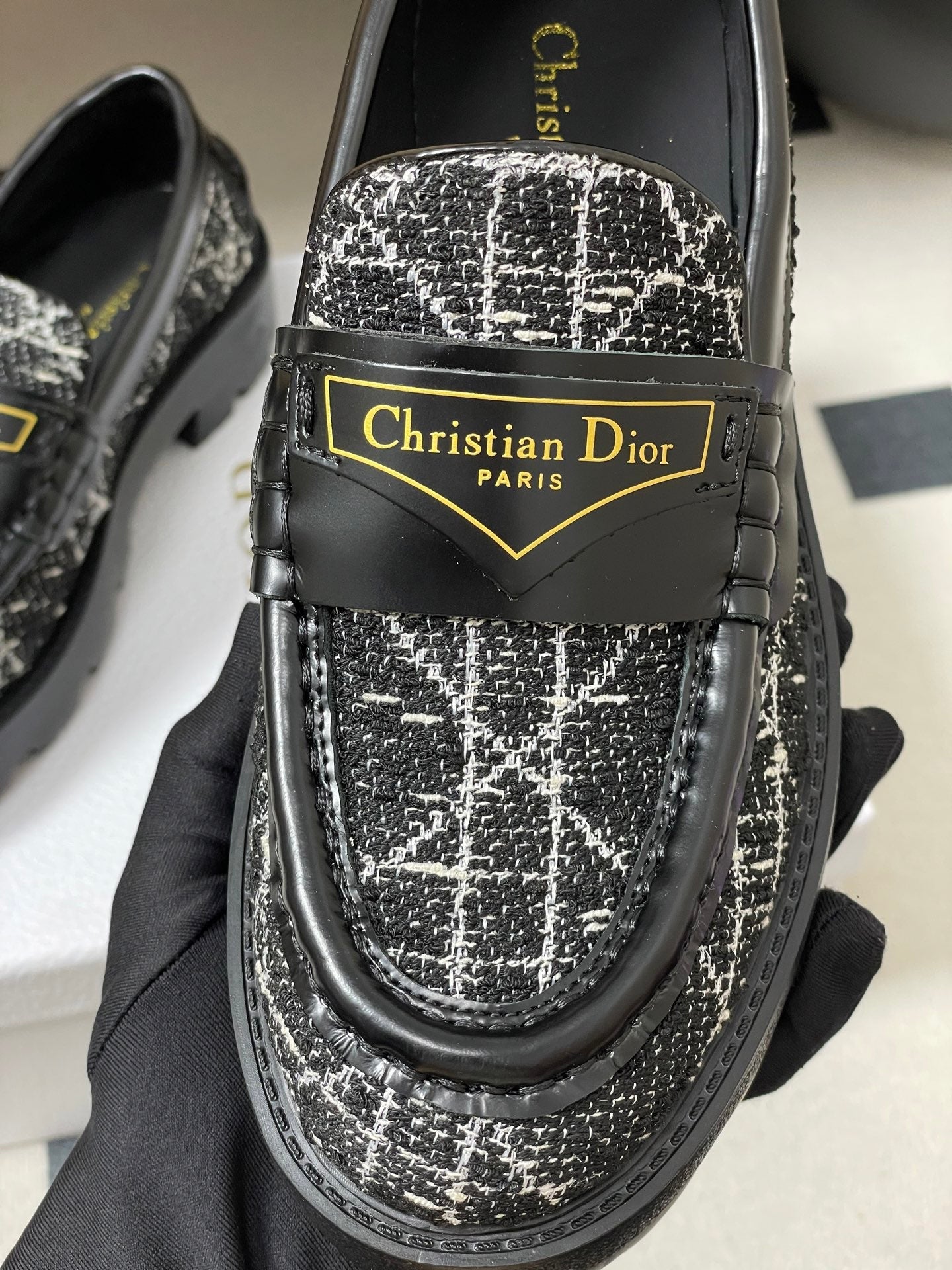 DIOR 25S BOY PLATFORM LOAFERS IN BLACK MIX WHITE TWEED AND LAMBSKIN