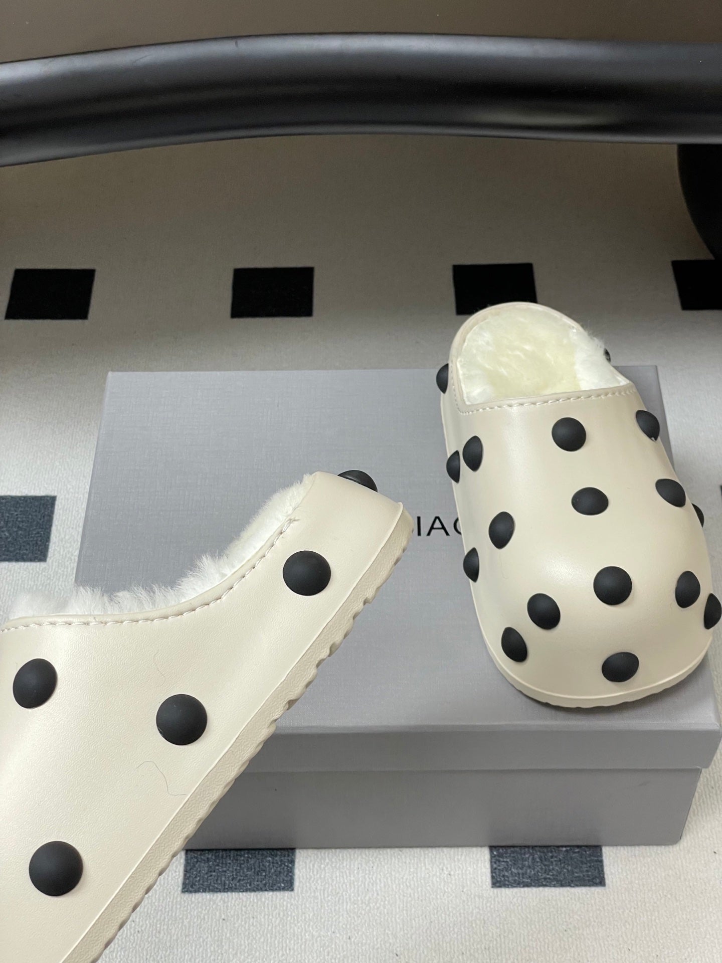 BALENCIAGA 25S FUR-LINED MULES IN WHITE FAUX LEATHER