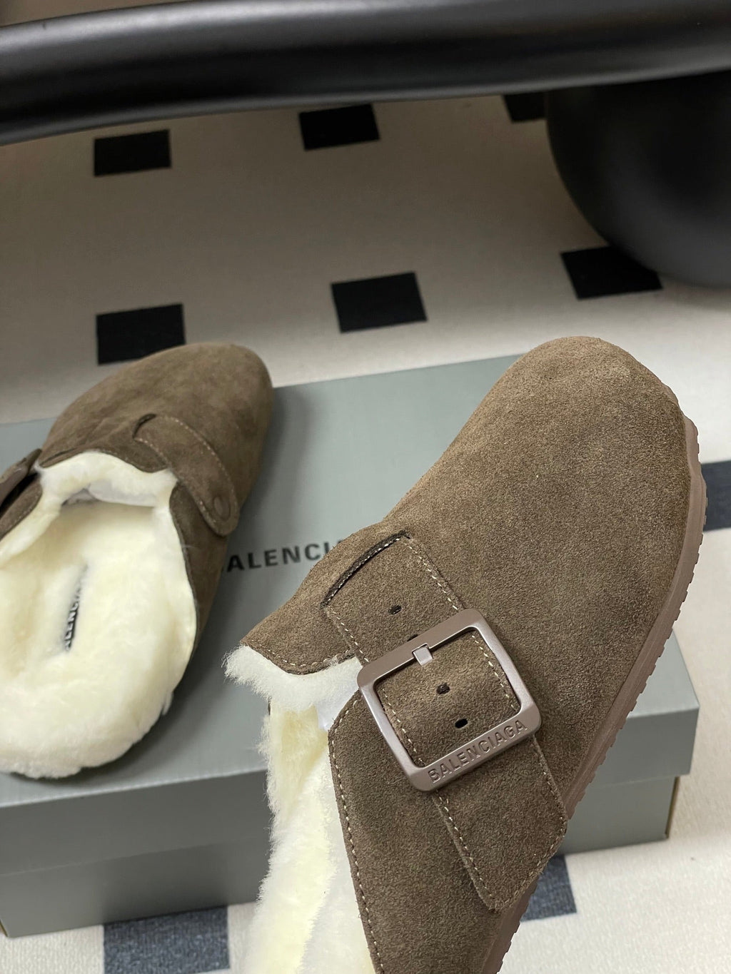BALENCIAGA 25S FUR-LINED MULES IN DARK EARTH BROWN FAUX LEATHER