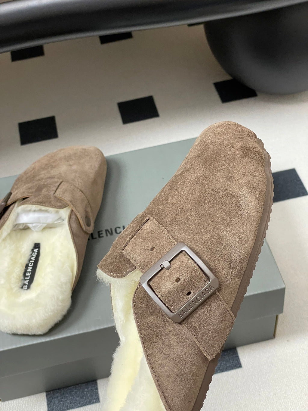 BALENCIAGA 25S FUR-LINED MULES IN EARTH BROWN FAUX LEATHER