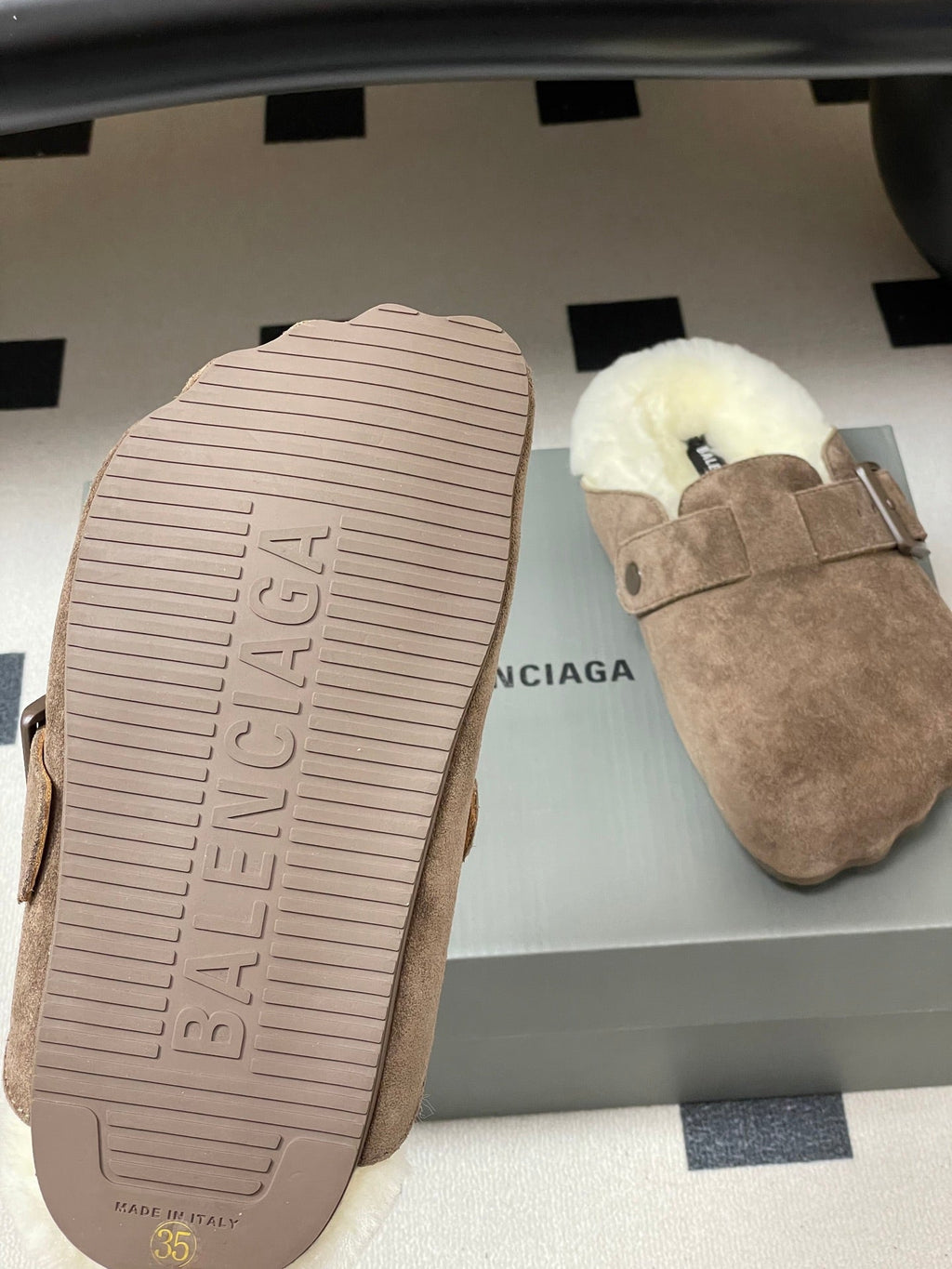 BALENCIAGA 25S FUR-LINED MULES IN EARTH BROWN FAUX LEATHER