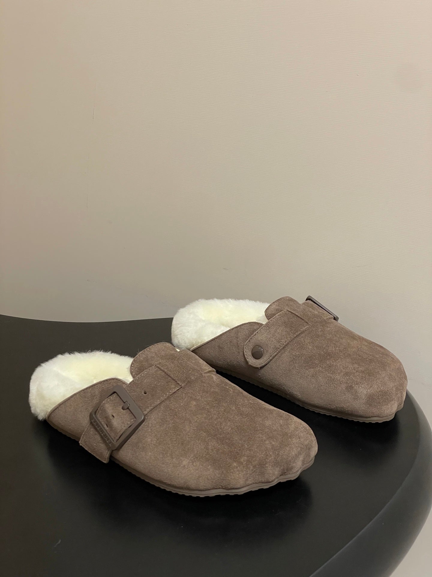 BALENCIAGA 25S FUR-LINED MULES IN EARTH BROWN FAUX LEATHER