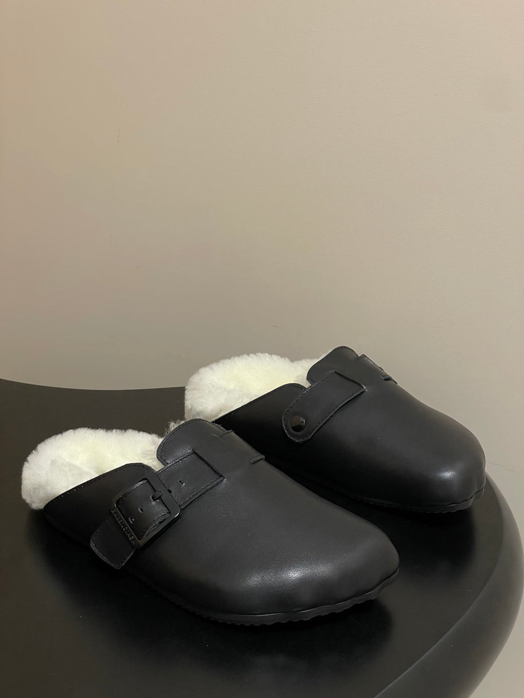 BALENCIAGA 25S FUR-LINED MULES IN BLACK FAUX LEATHER