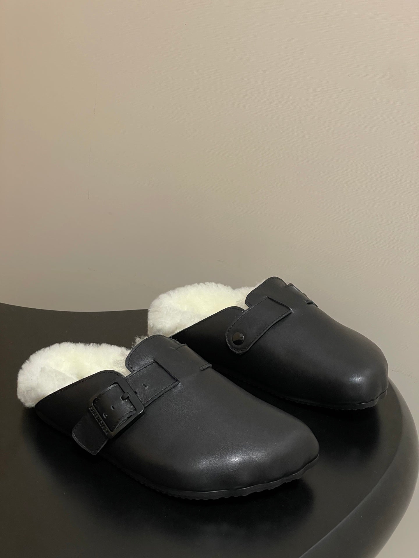 BALENCIAGA 25S FUR-LINED MULES IN BLACK FAUX LEATHER