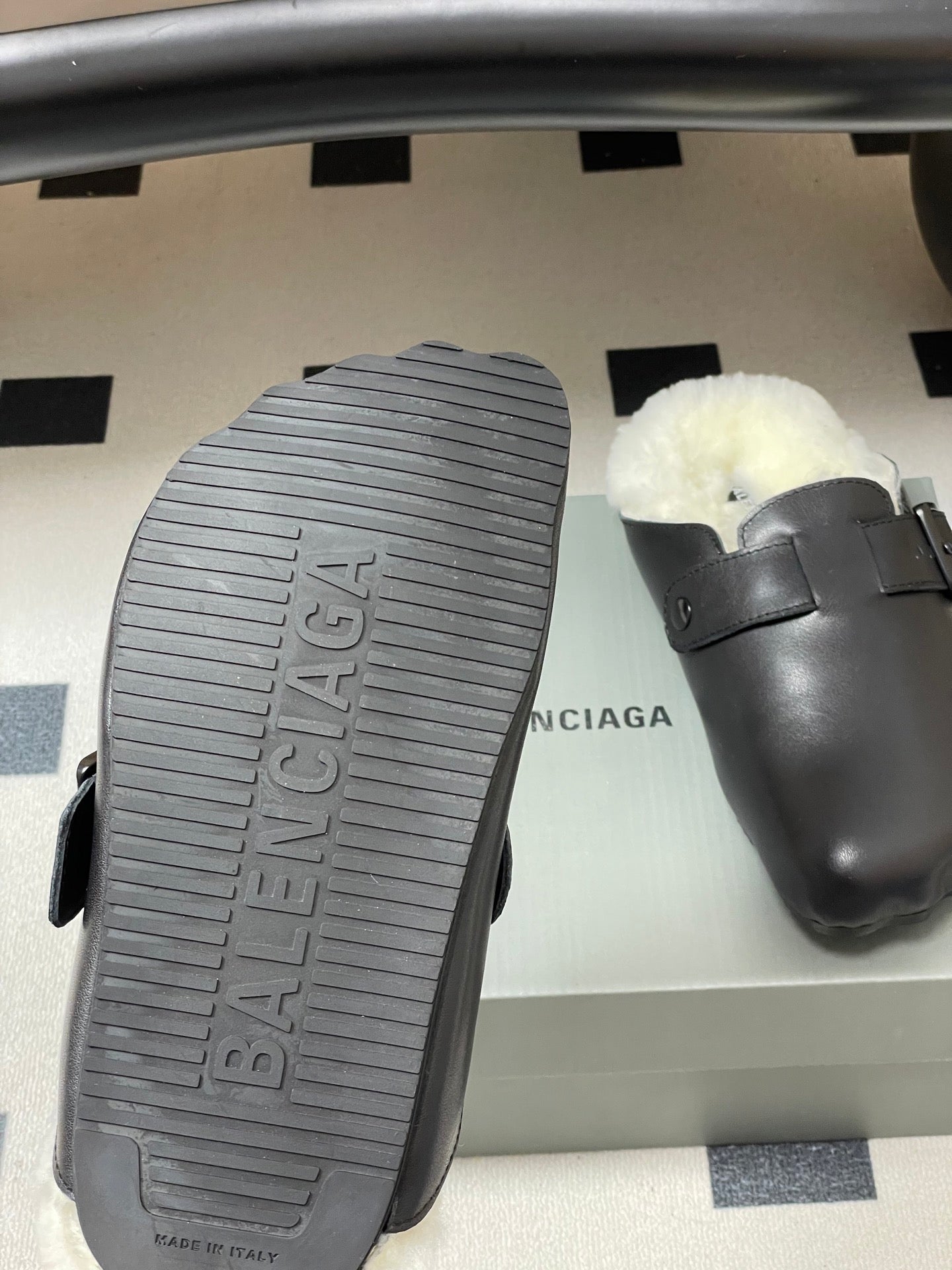 BALENCIAGA 25S FUR-LINED MULES IN BLACK FAUX LEATHER