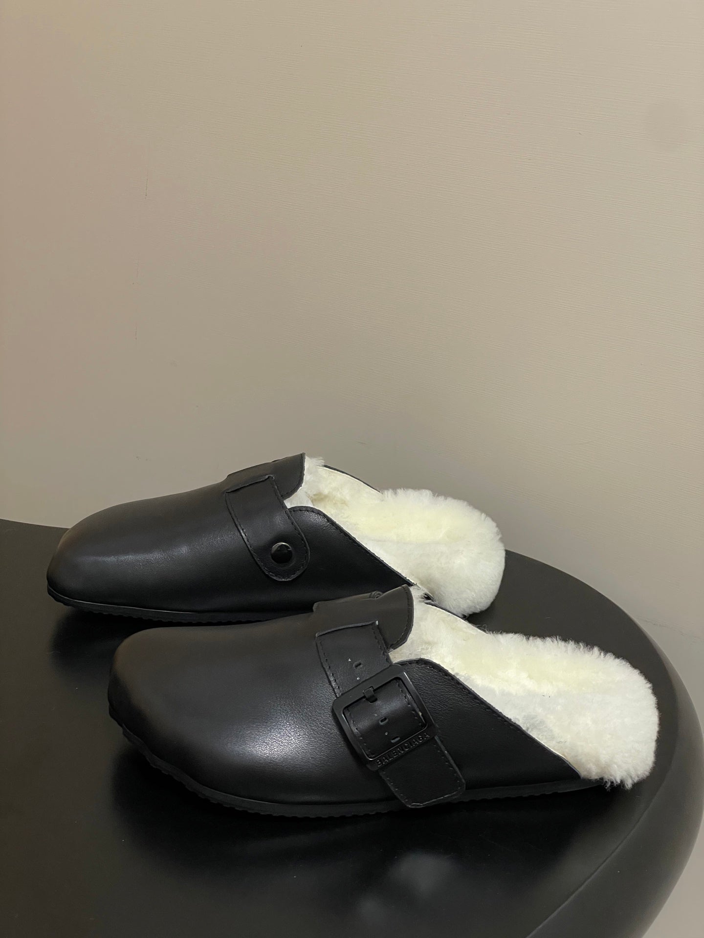 BALENCIAGA 25S FUR-LINED MULES IN BLACK FAUX LEATHER