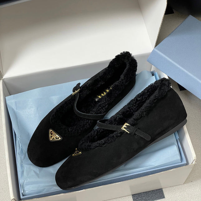 PRADA 25S MARY JANE FLATS IN BLACK SUEDE WITH GOLD HARDWARE