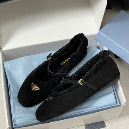 PRADA 25S MARY JANE FLATS IN BLACK SUEDE WITH GOLD HARDWARE
