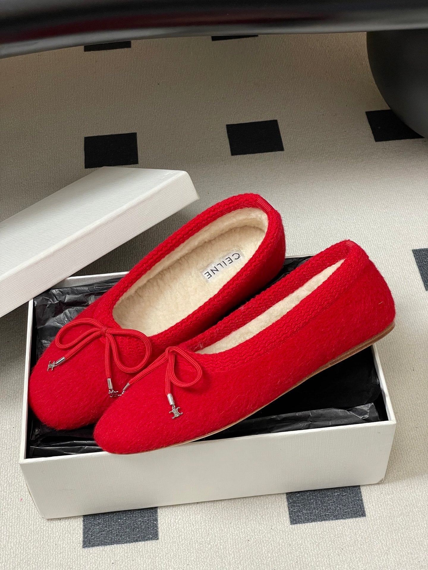 CELINE 26S BALLET FLATS IN RED WOOL WITH BOW STYLE 3