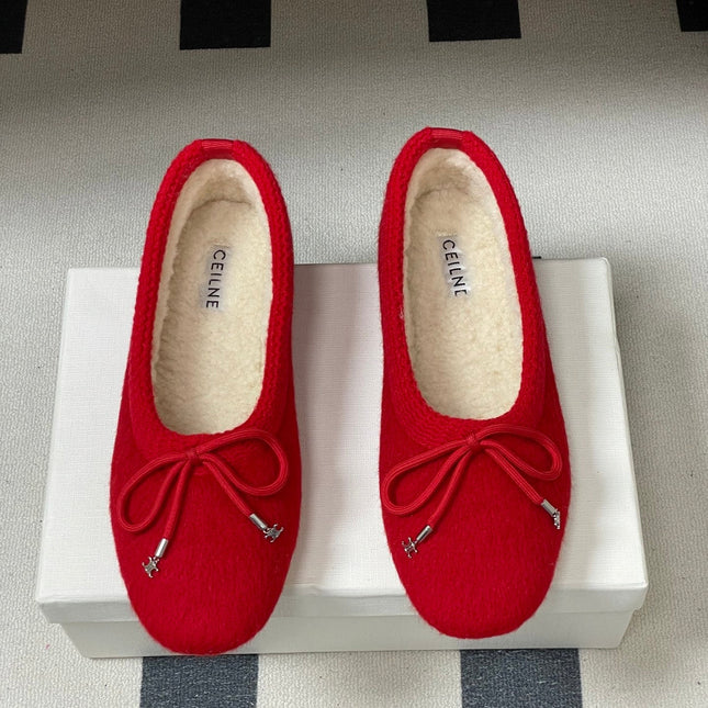 CELINE 26S BALLET FLATS IN RED WOOL WITH BOW STYLE 3