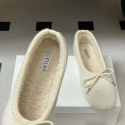 CELINE 26S BALLET FLATS IN WHITE WOOL WITH BOW STYLE 2