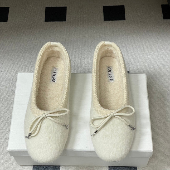 CELINE 26S BALLET FLATS IN CREAM WHITE WOOL WITH BOW