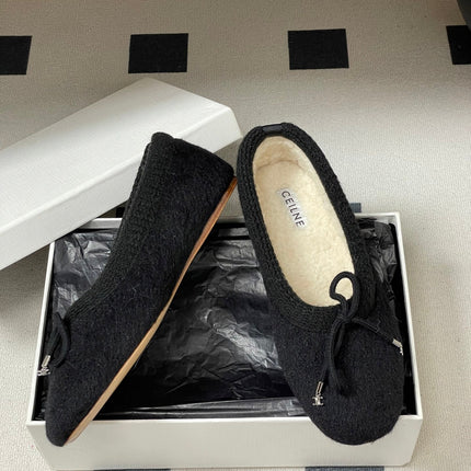 CELINE 26S BALLET FLATS IN BLACK WOOL WITH BOW STYLE 1