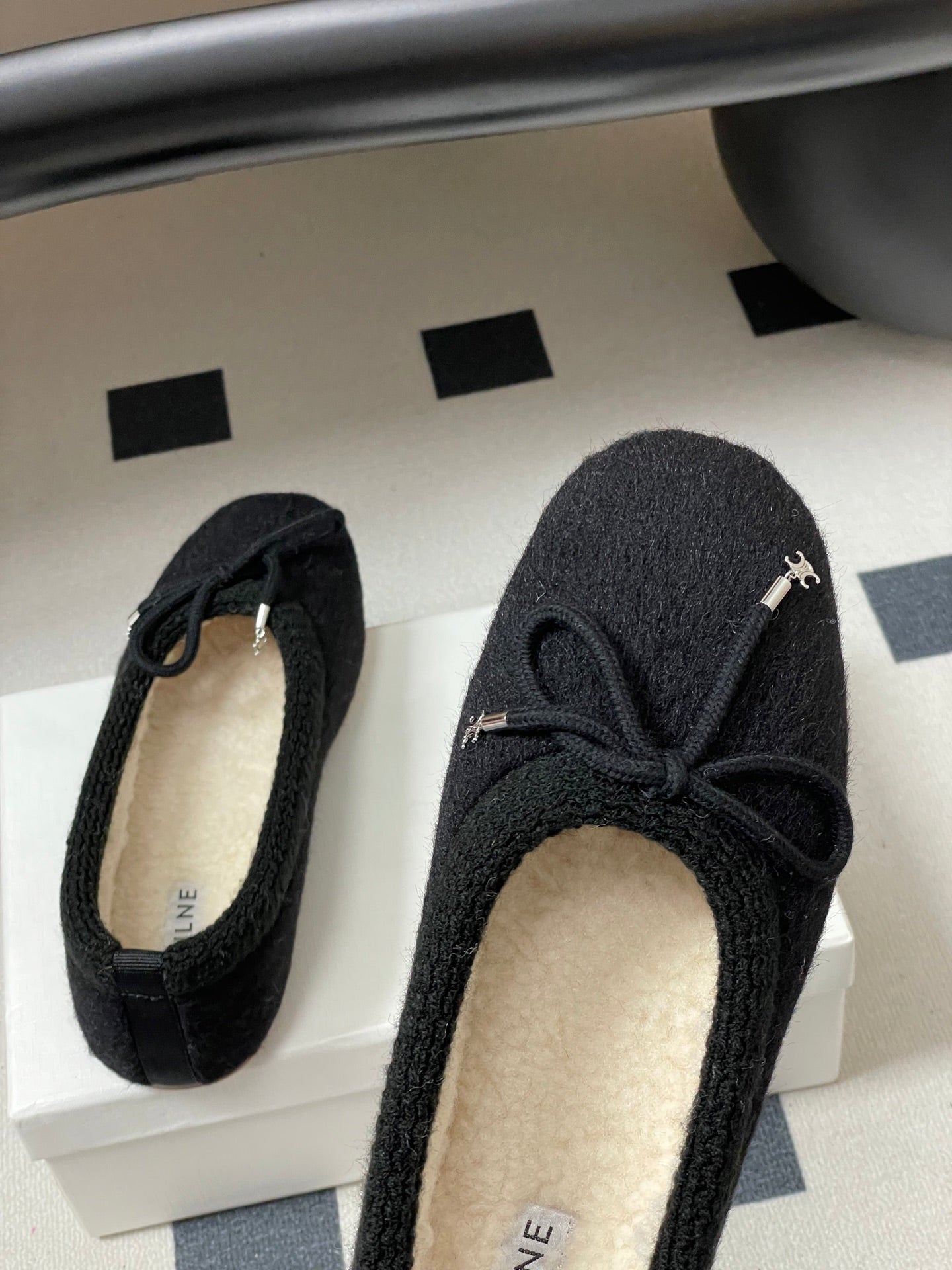 CELINE 26S BALLET FLATS IN BLACK WOOL WITH BOW STYLE 1