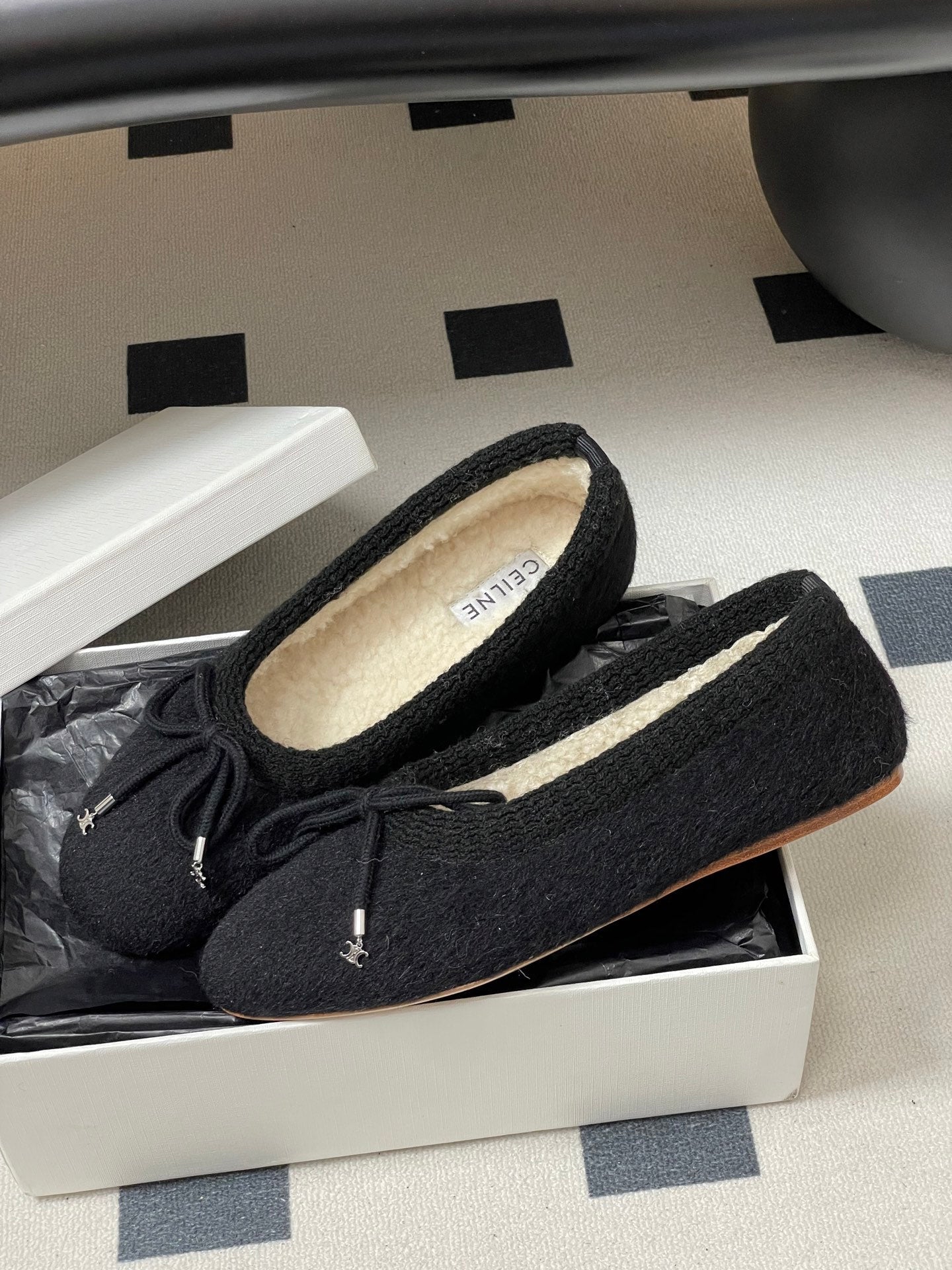 CELINE 26S BALLET FLATS IN BLACK WOOL WITH BOW STYLE 1