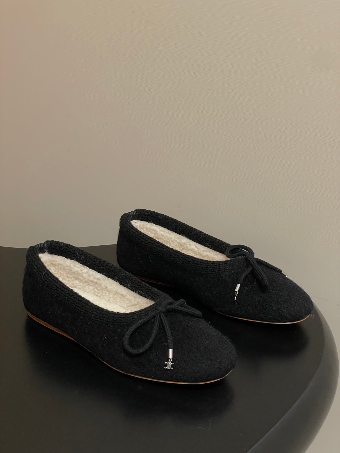 CELINE 26S BALLET FLATS IN BLACK WOOL WITH BOW STYLE 1
