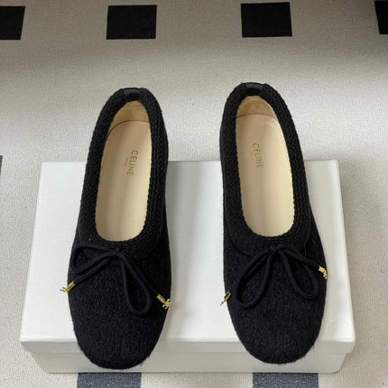 CELINE 26S BALLET FLATS IN BLACK WOOL WITH BOW