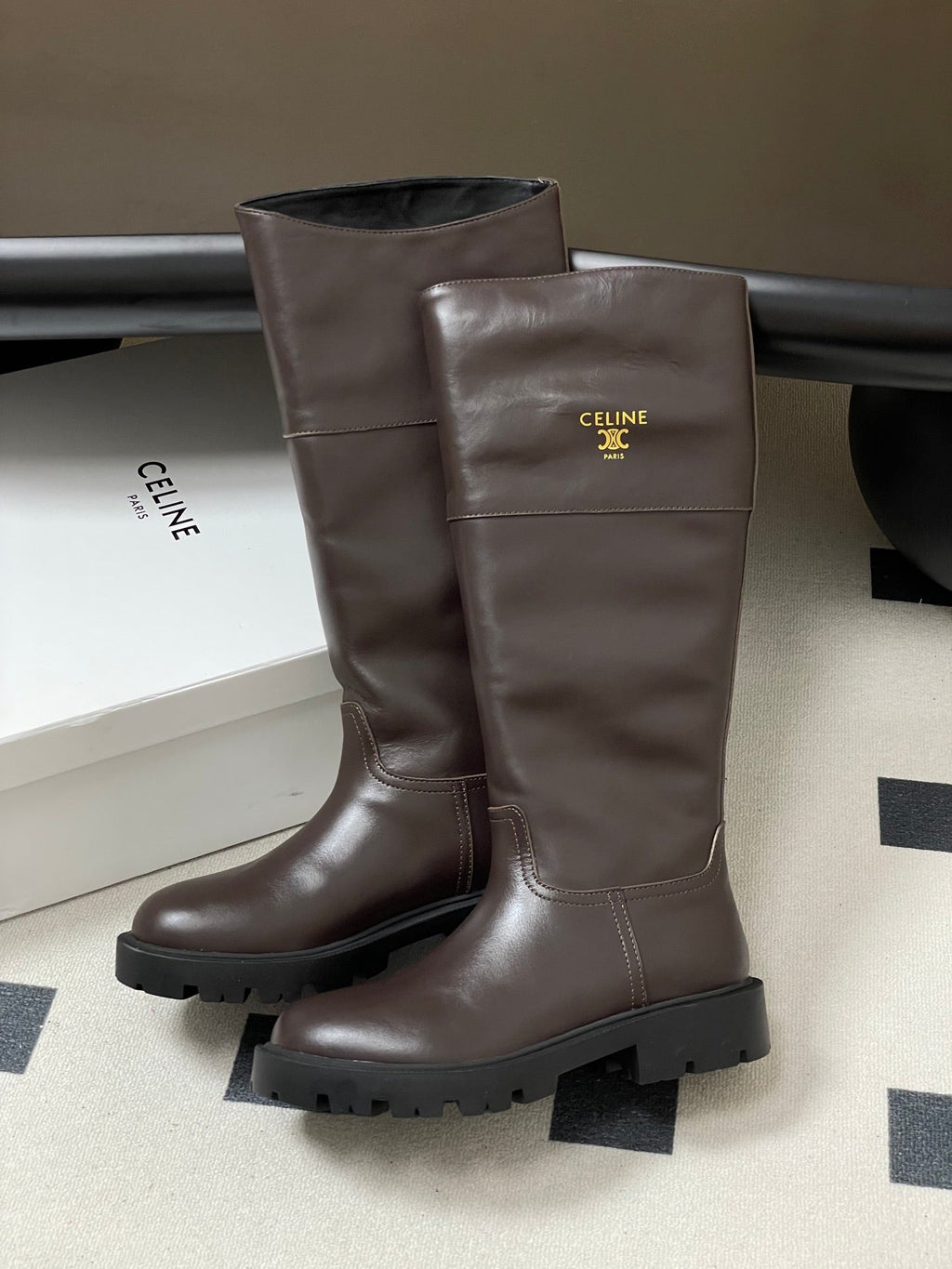 CELINE 26S MARGARET HIGH BOOTS IN DARK BROWN CALFSKIN
