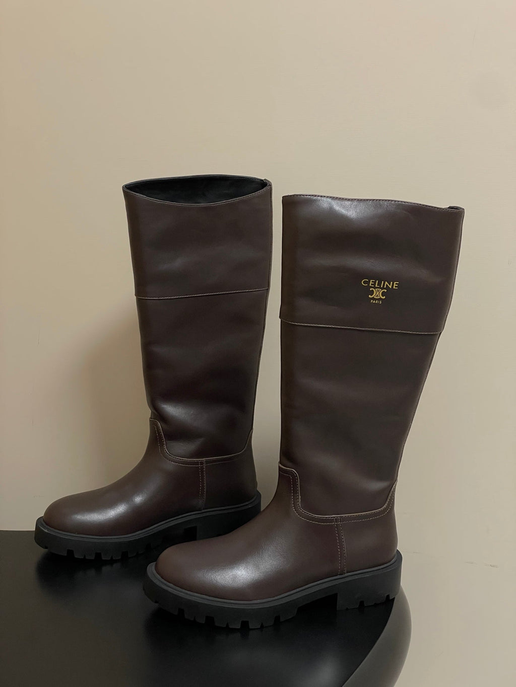 CELINE 26S MARGARET HIGH BOOTS IN DARK BROWN CALFSKIN