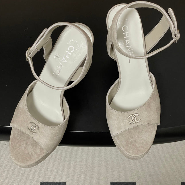 CHANEL 26S HIGH HEEL SANDALS 120 MM IN CREAM BEIGE SUEDE