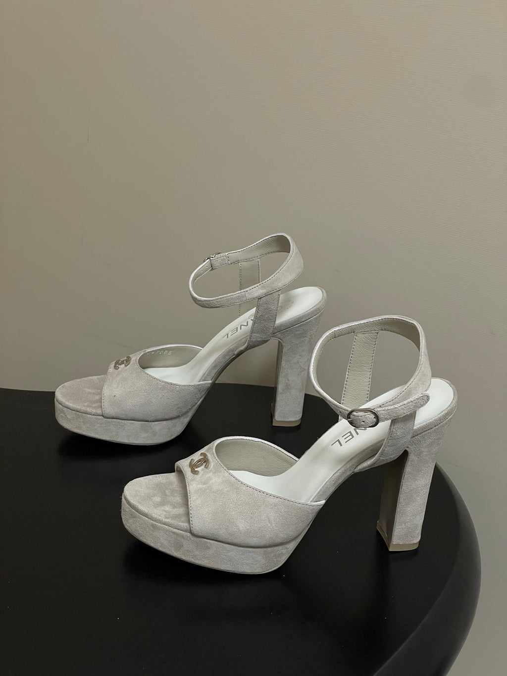 CHANEL 26S HIGH HEEL SANDALS 120 MM IN CREAM BEIGE SUEDE