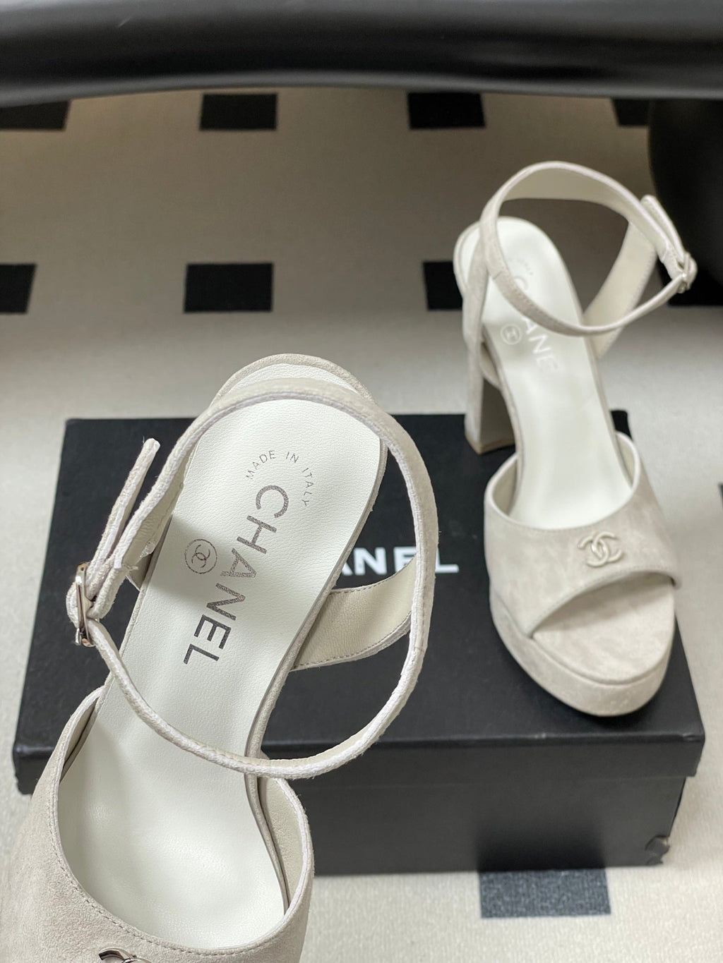 CHANEL 26S HIGH HEEL SANDALS 120 MM IN CREAM BEIGE SUEDE