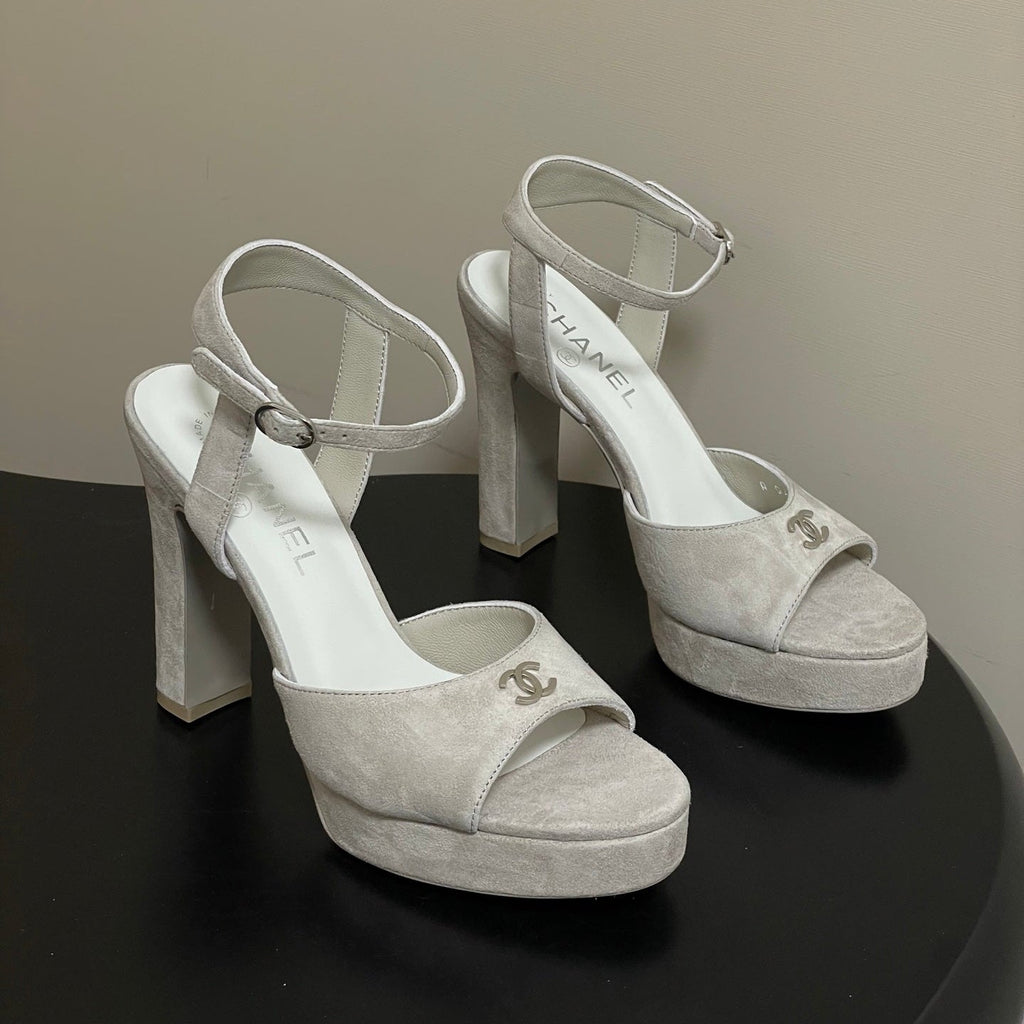 CHANEL 26S HIGH HEEL SANDALS 120 MM IN CREAM BEIGE SUEDE