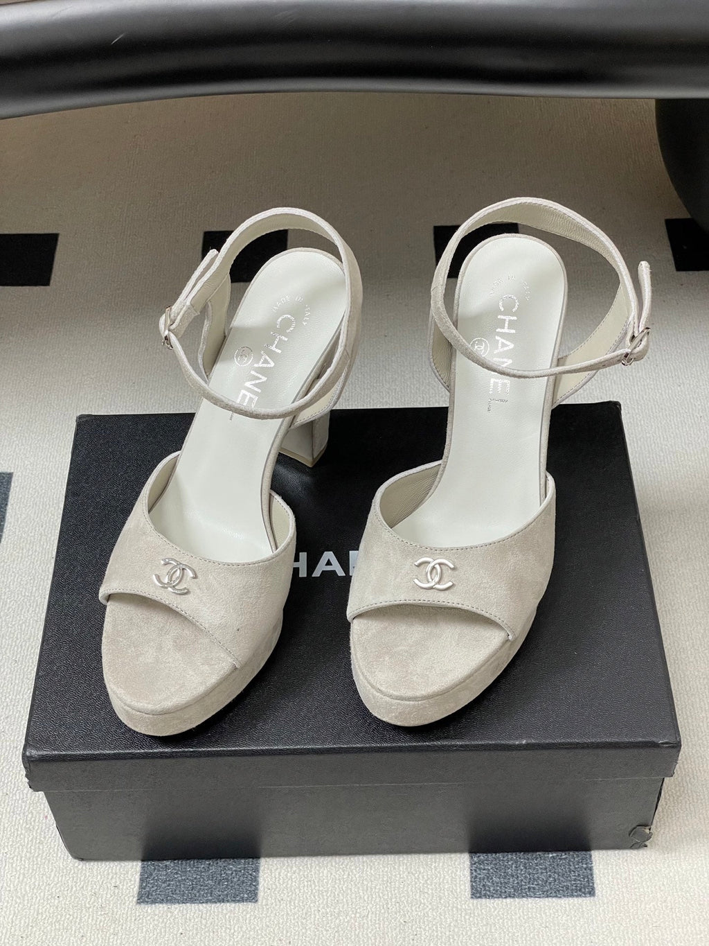 CHANEL 26S HIGH HEEL SANDALS 120 MM IN CREAM BEIGE SUEDE