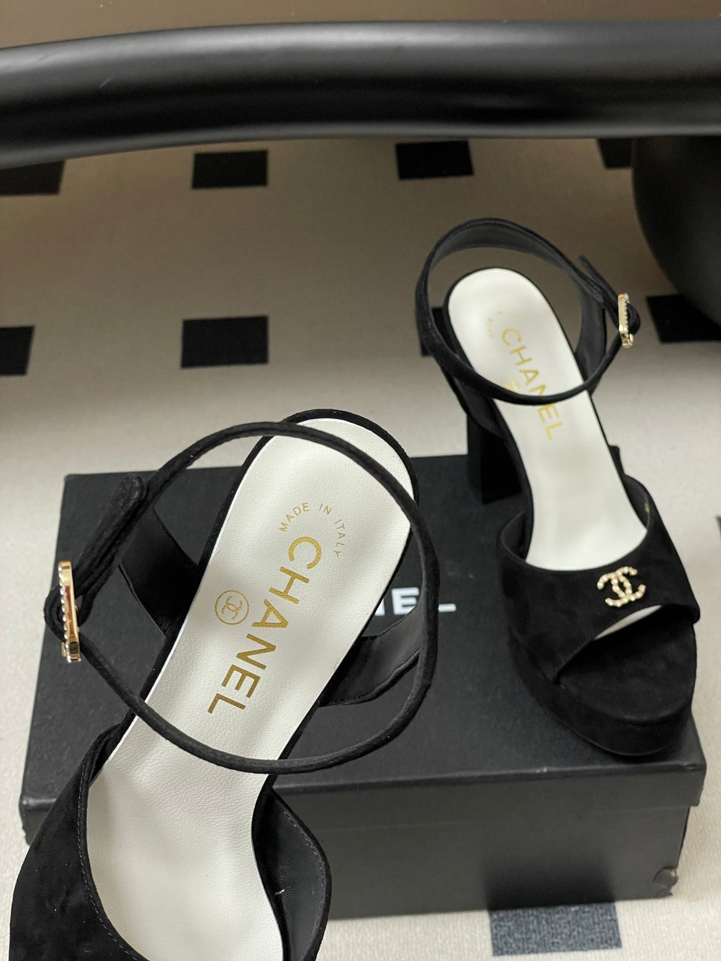 CHANEL 26S HIGH HEEL SANDALS 120 MM IN BLACK SUEDE