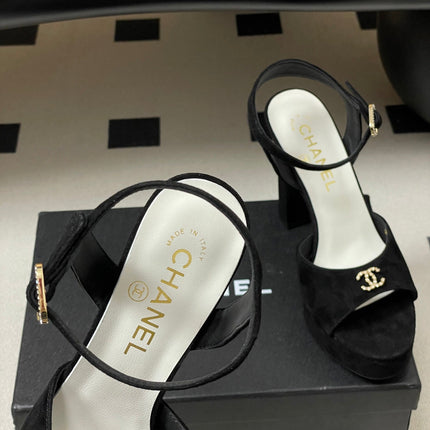 CHANEL 26S HIGH HEEL SANDALS 120 MM IN BLACK SUEDE