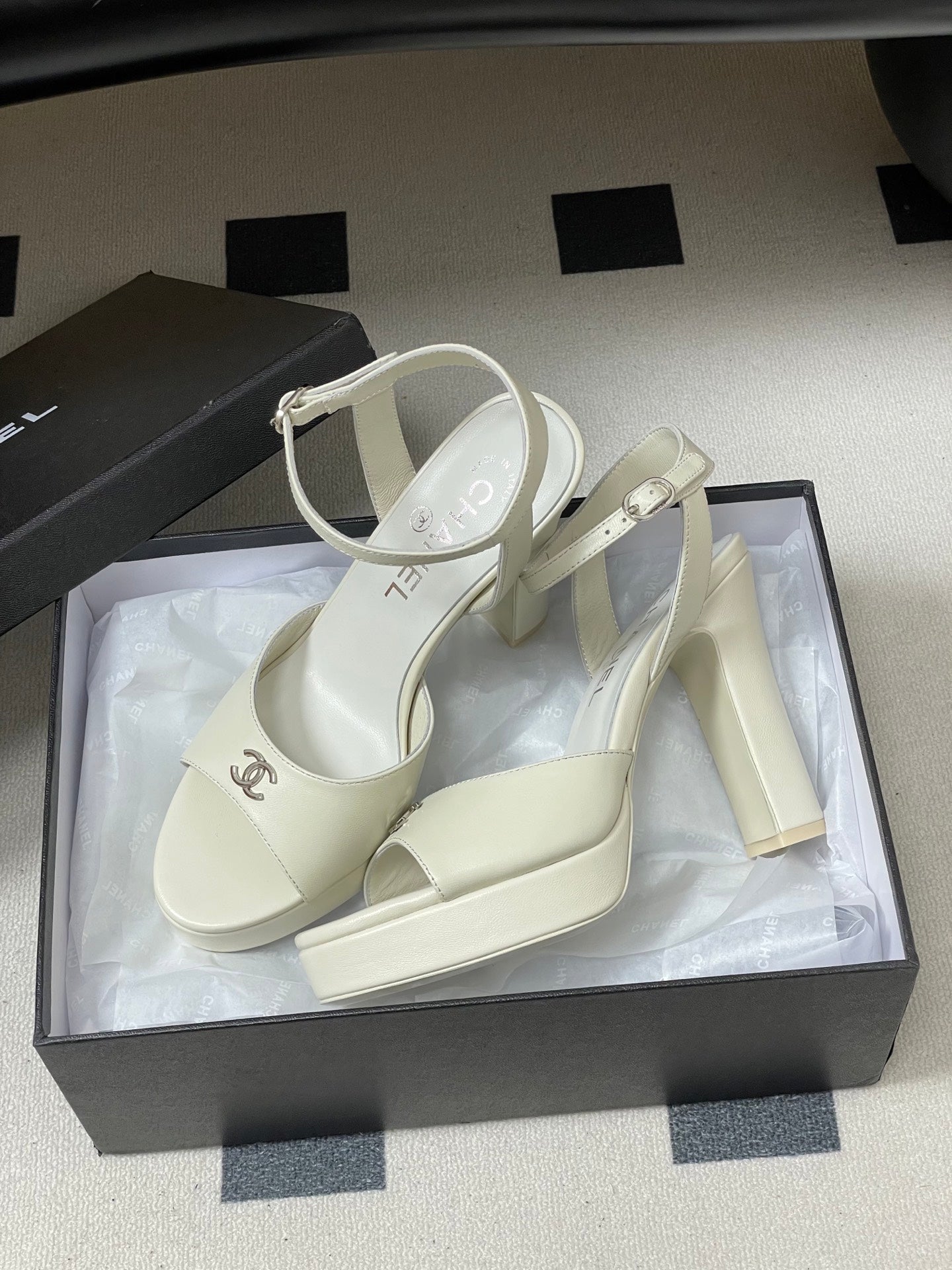 CHANEL 26S HIGH HEEL SANDALS 120 MM IN CREAM WHITE LAMBSKIN