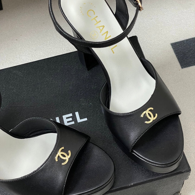 CHANEL 26S HIGH HEEL SANDALS 120 MM IN BLACK LAMBSKIN