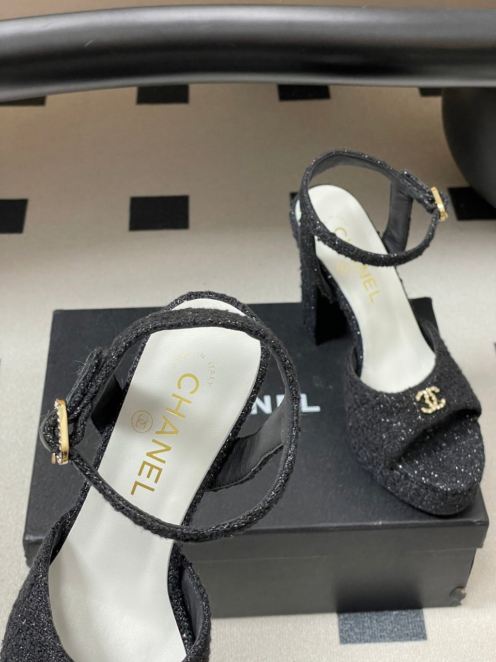 CHANEL 26S HIGH HEEL SANDALS 120 MM IN BLACK TWEED