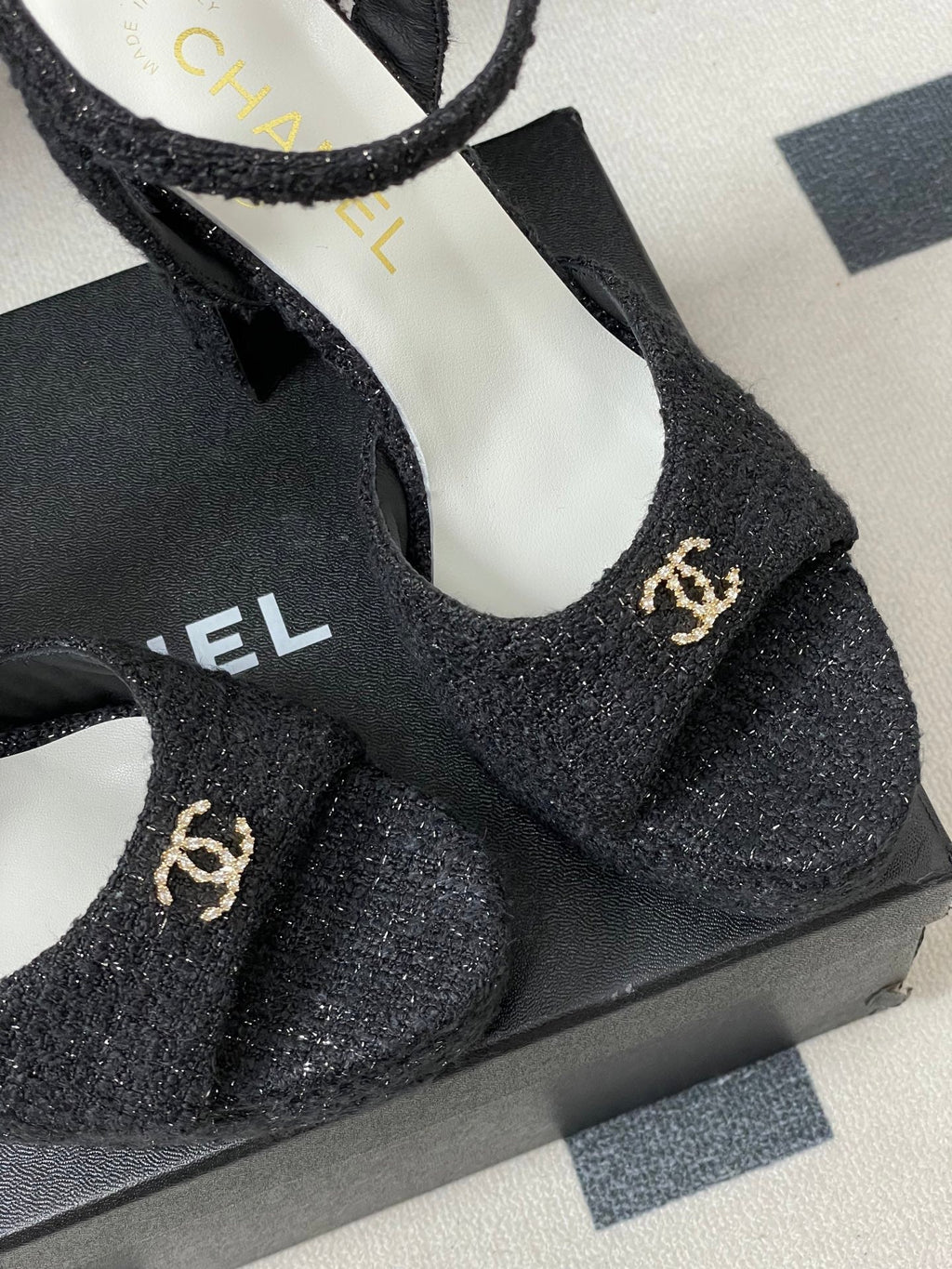 CHANEL 26S HIGH HEEL SANDALS 120 MM IN BLACK TWEED