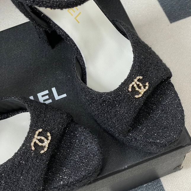 CHANEL 26S HIGH HEEL SANDALS 120 MM IN BLACK TWEED