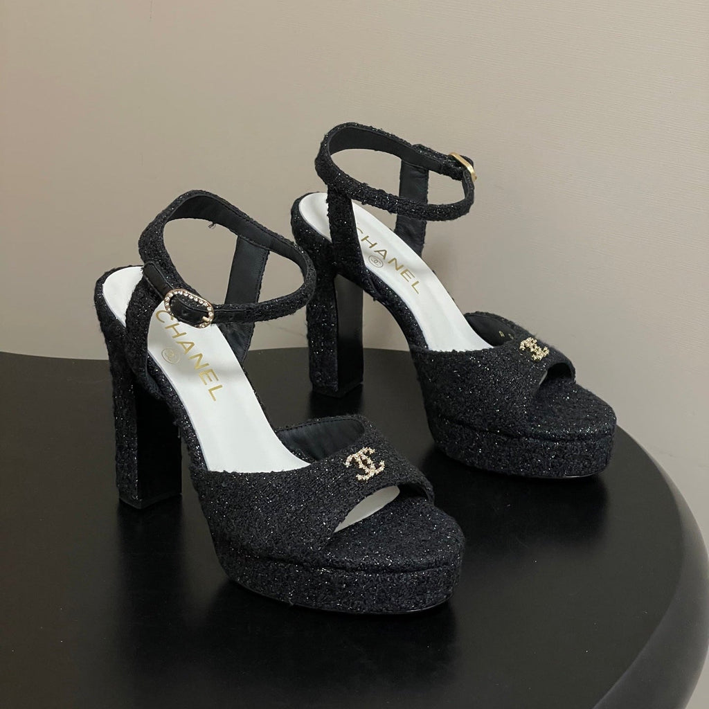 CHANEL 26S HIGH HEEL SANDALS 120 MM IN BLACK TWEED