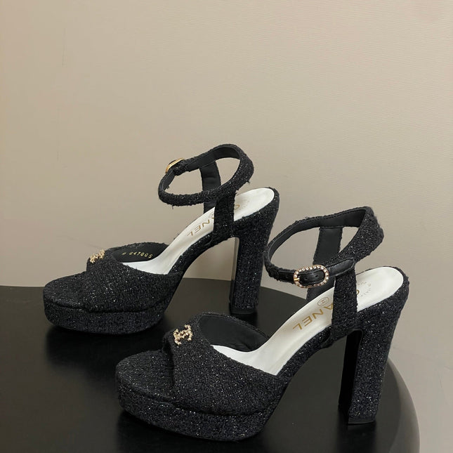 CHANEL 26S HIGH HEEL SANDALS 120 MM IN BLACK TWEED