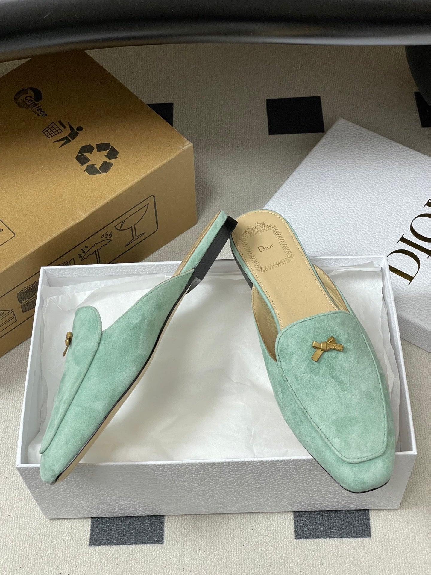 DIOR 26S MULES IN LIGHT MINT GREEN SUEDE WITH BOW