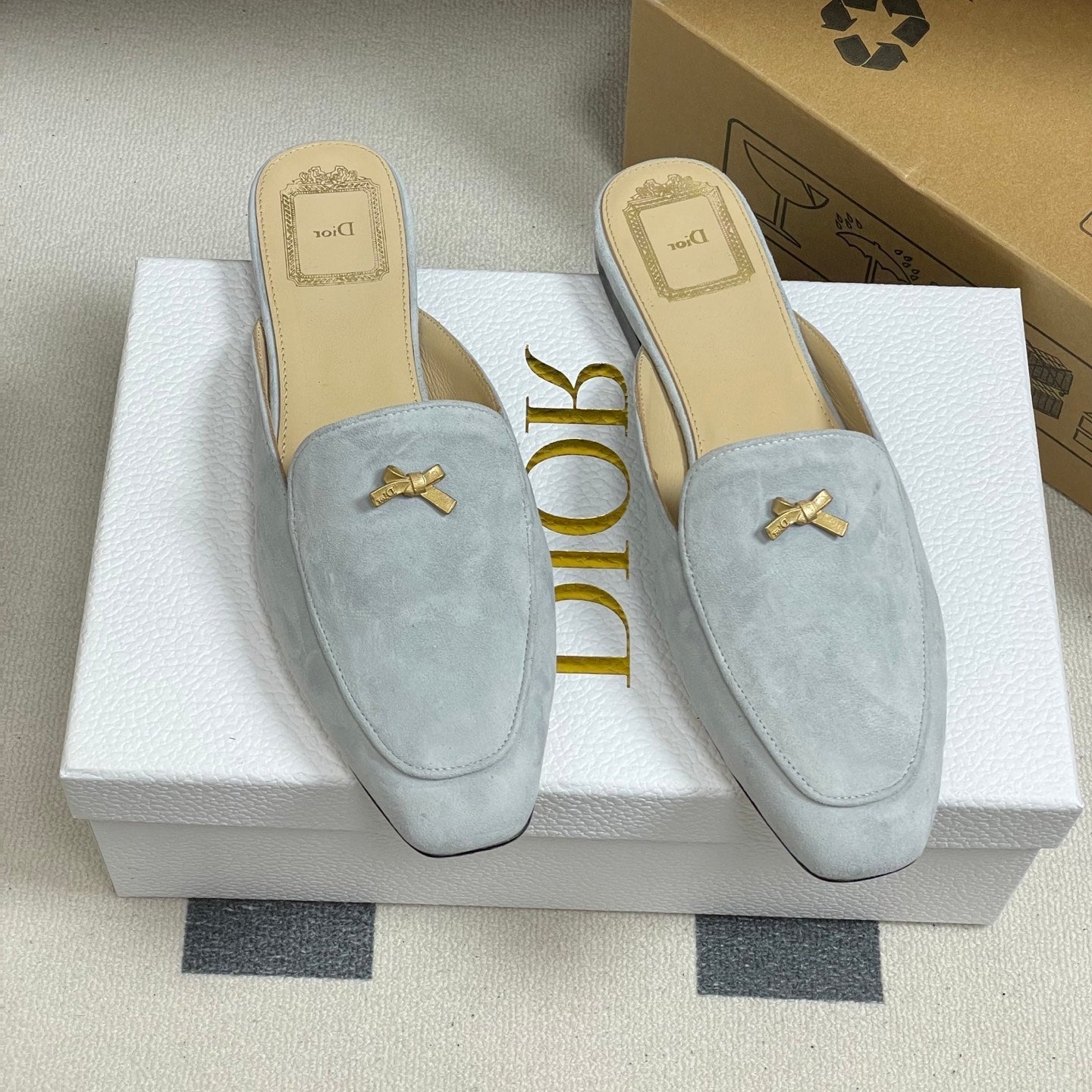DIOR 26S MULES IN LIGHT BLUE GRAY SUEDE WITH BOW