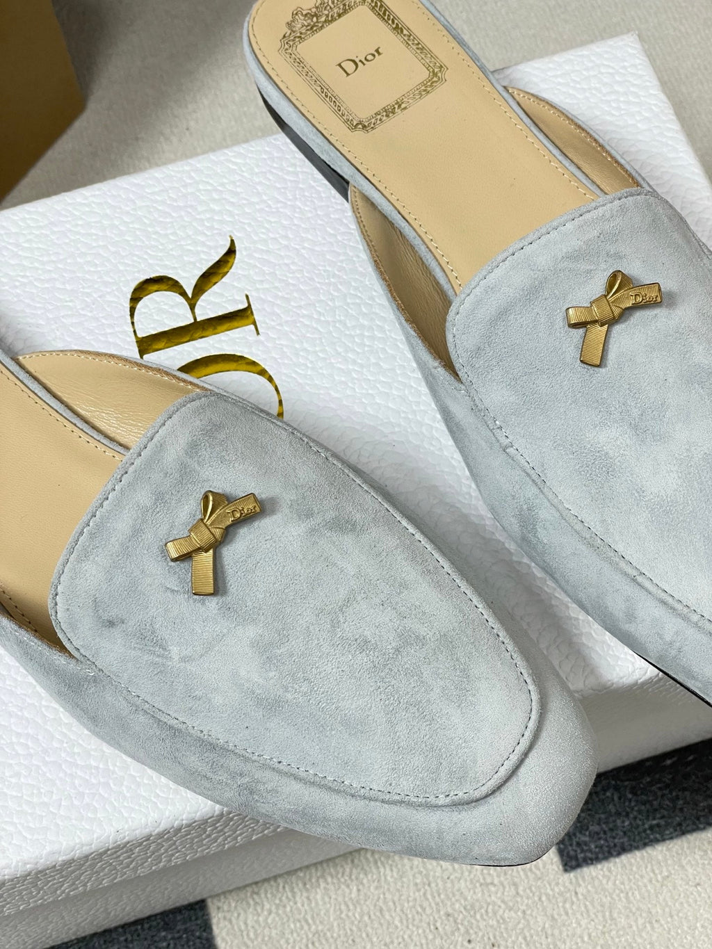 DIOR 26S MULES IN LIGHT BLUE GRAY SUEDE WITH BOW