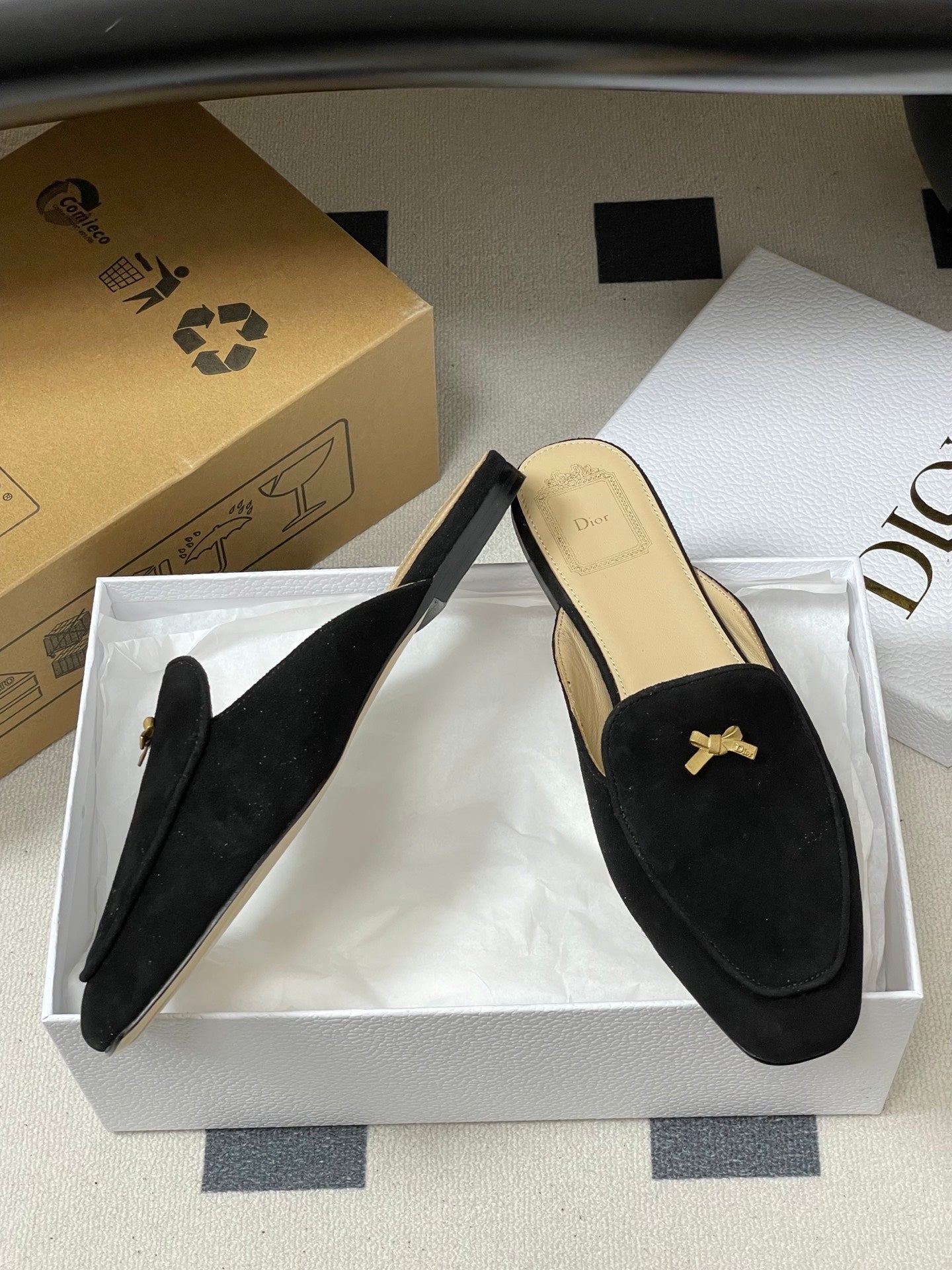 DIOR 26S MULES IN BLACK SUEDE WITH BOW