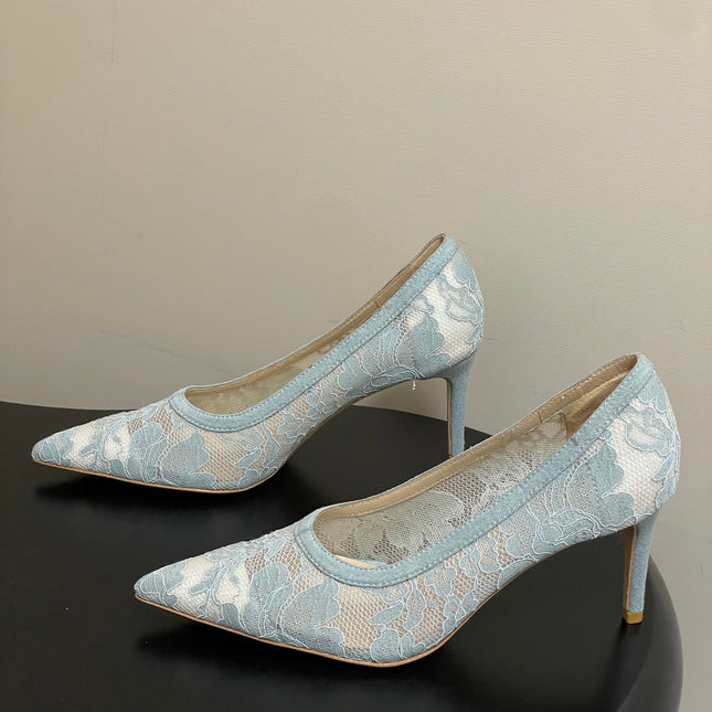 GIANVITO ROSSI 26S HIGH HEELS 85 MM IN LIGHT BLUE LACE