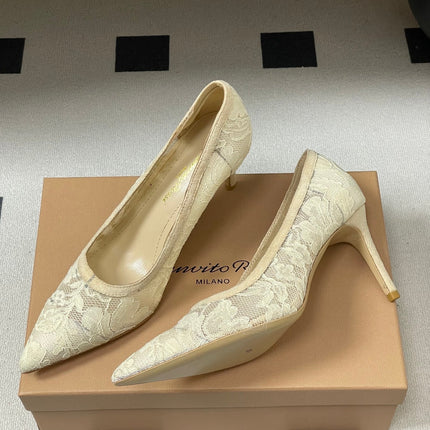 GIANVITO ROSSI 26S HIGH HEELS 85 MM IN CREAM WHITE LACE