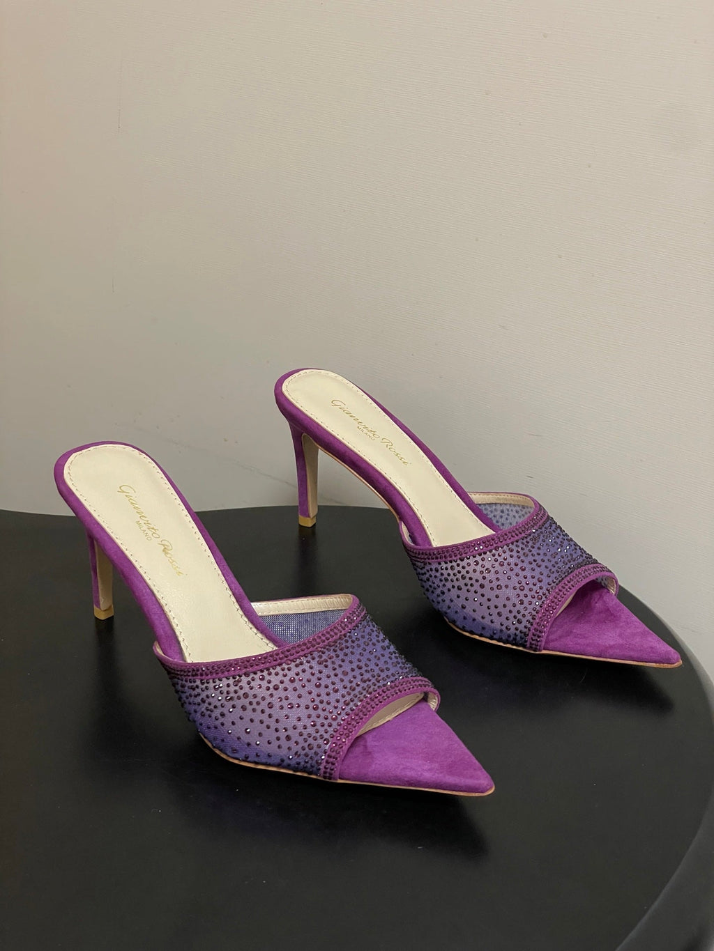 GIANVITO ROSSI 26S HIGH HEELS 85 MM IN PURPLE SUEDE WITH RHINESTONE STRAP