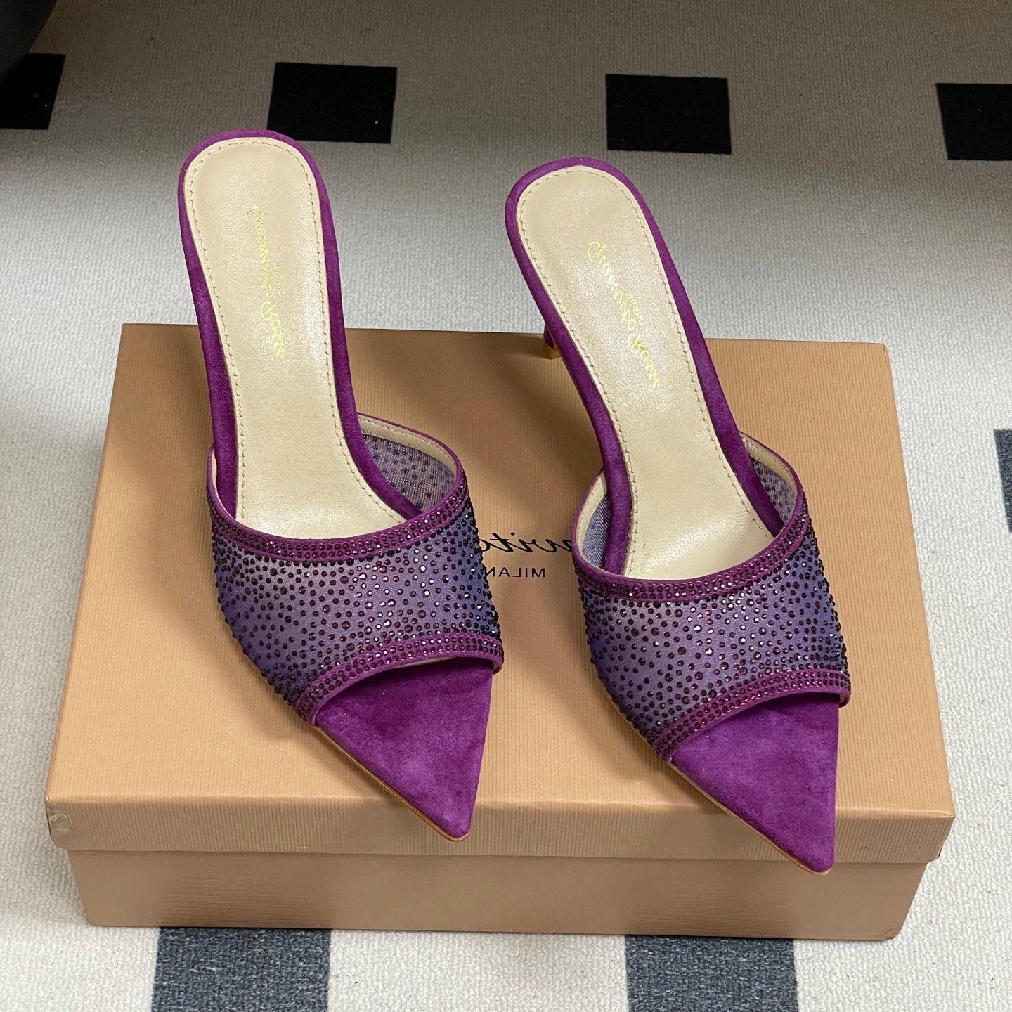 GIANVITO ROSSI 26S HIGH HEELS 85 MM IN PURPLE SUEDE WITH RHINESTONE STRAP