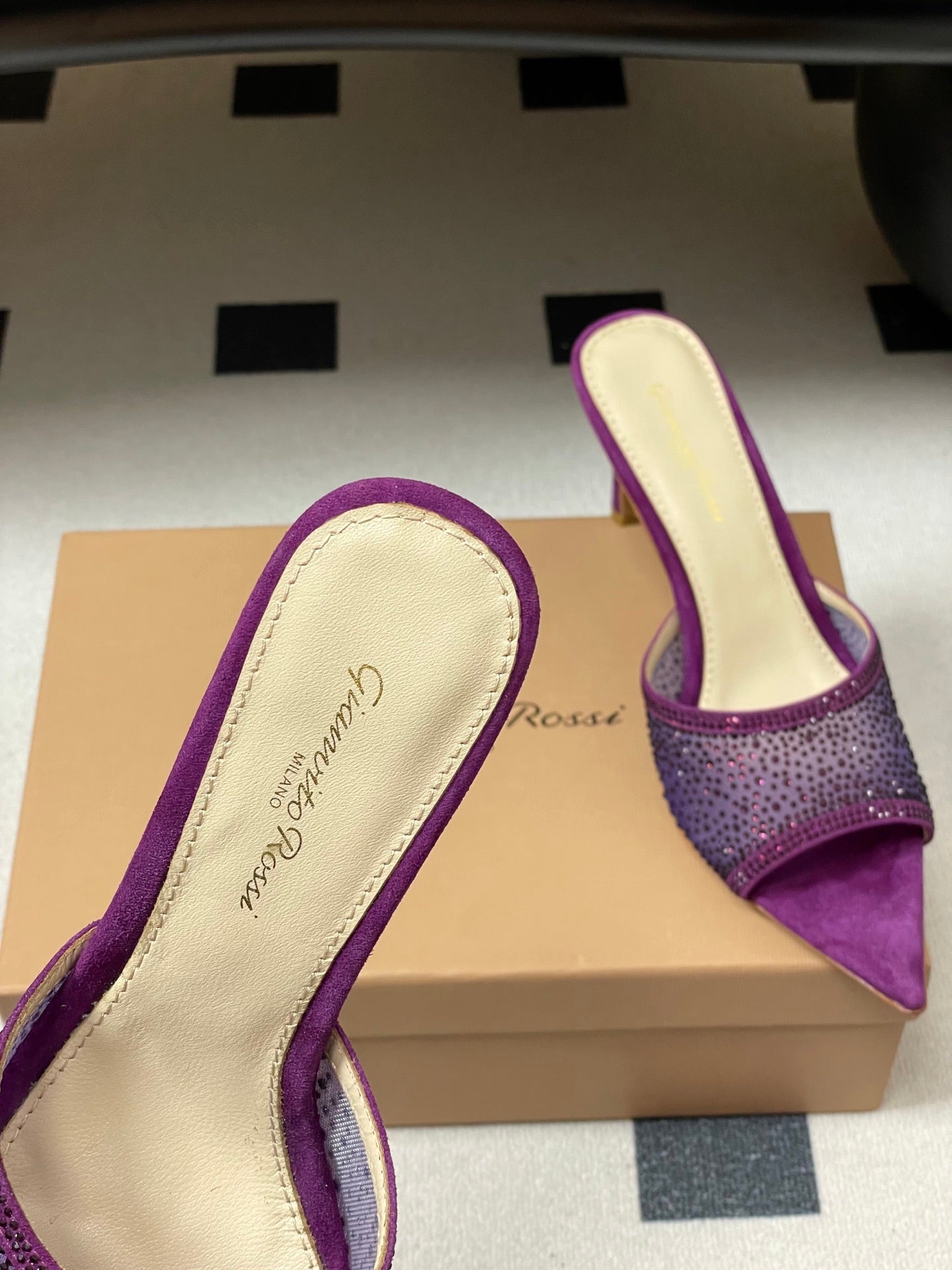GIANVITO ROSSI 26S HIGH HEELS 85 MM IN PURPLE SUEDE WITH RHINESTONE STRAP