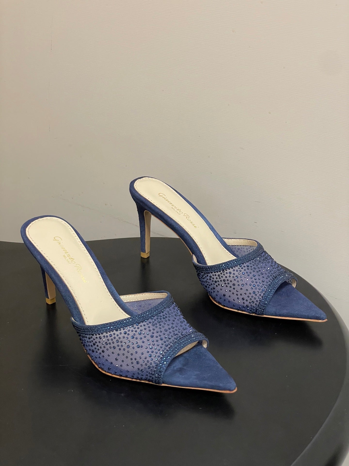 GIANVITO ROSSI 26S HIGH HEELS 85 MM IN NAVY BLUE SUEDE WITH RHINESTONE STRAP