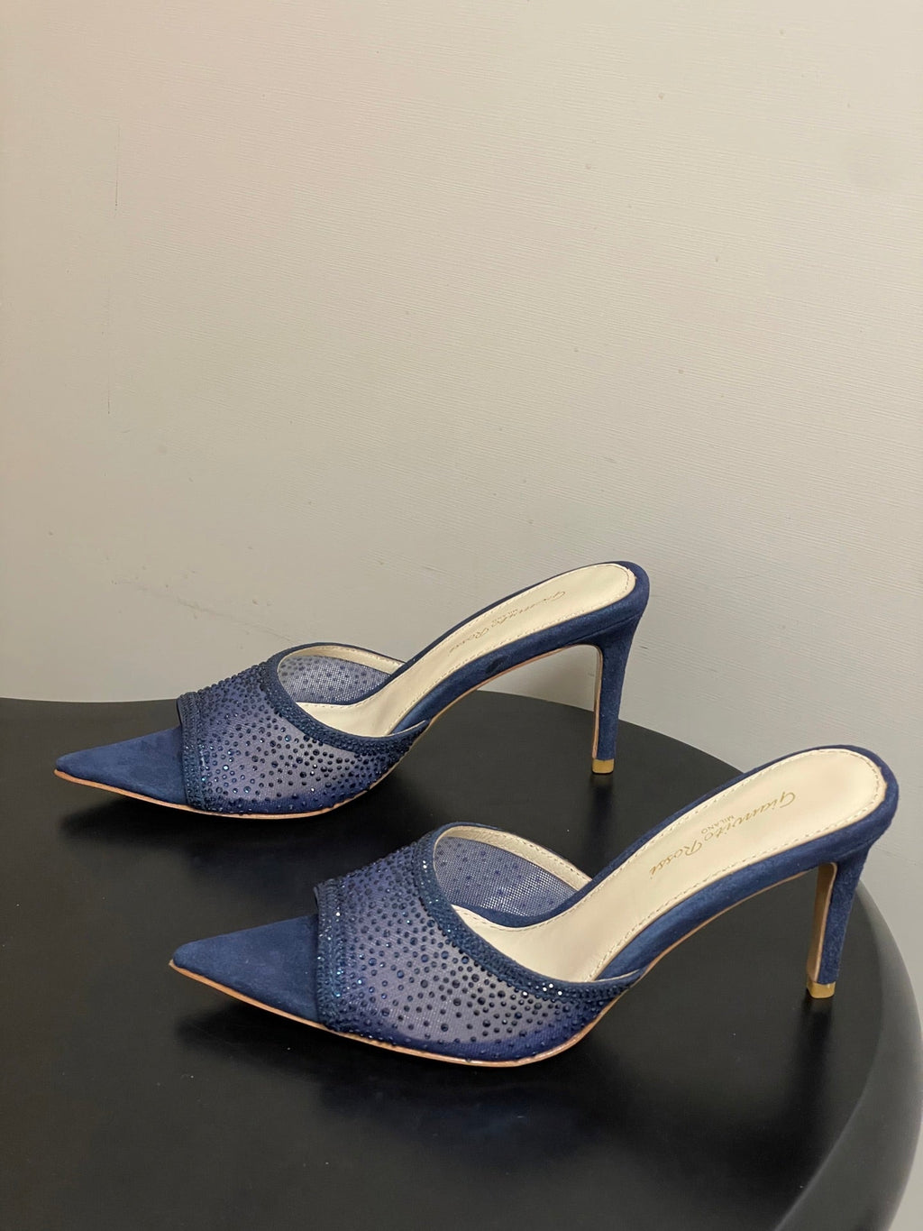 GIANVITO ROSSI 26S HIGH HEELS 85 MM IN NAVY BLUE SUEDE WITH RHINESTONE STRAP