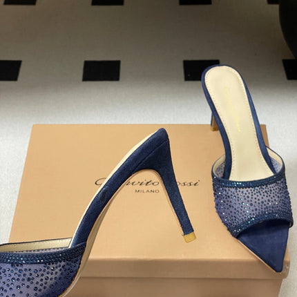 GIANVITO ROSSI 26S HIGH HEELS 85 MM IN NAVY BLUE SUEDE WITH RHINESTONE STRAP